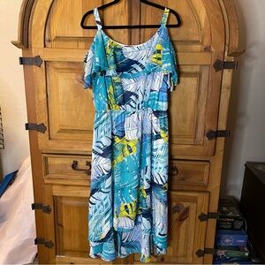 Roz & Ali - High-Low Colorful Feather Design, Off the Shoulder Dress - Size 1X